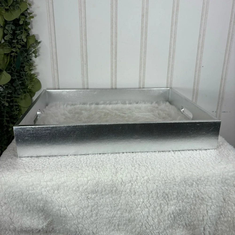 Silver Faux Leather Decor Tray White Faux Fur Liner Decorative Vanity Tray glam